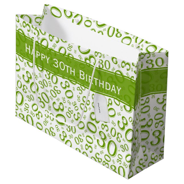 Happy 30th Birthday Party Pattern Green and White Large Gift Bag (Front Angled)