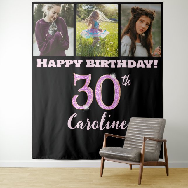 Happy 30th Birthday Party, Pink Glitter & 3 photos Tapestry (In Situ)