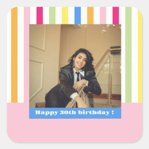 Happy 30th birthday photo stripes colourful modern square sticker