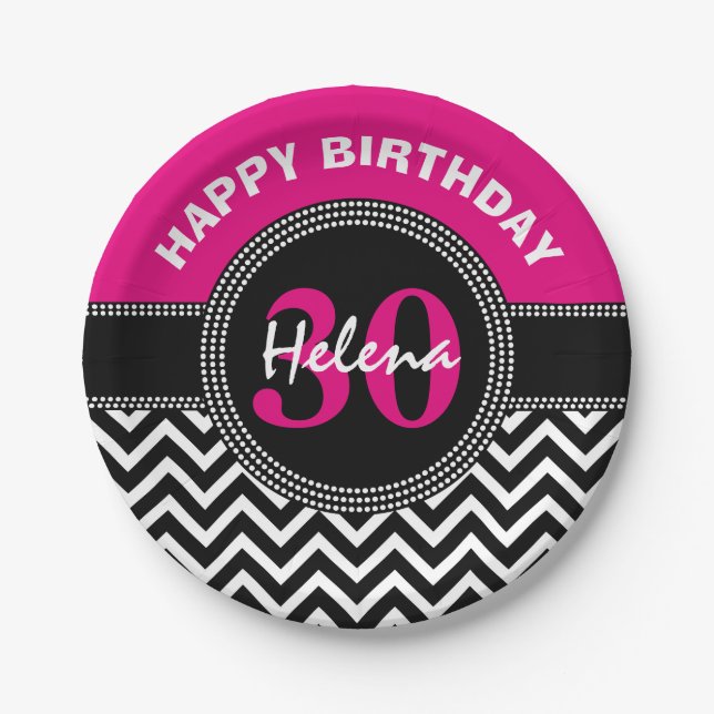 Happy 30th Birthday Pink Monogram Chevron Paper Plate (Front)