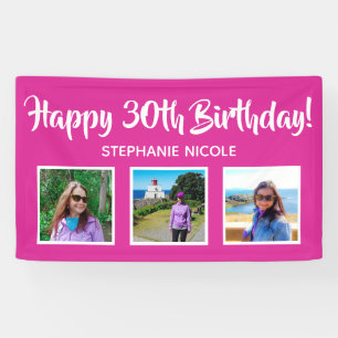 Happy 30th Birthday Pink Personalised 3 Photos Banner
