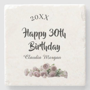 Happy 30th birthday pink white mauve floral name y stone coaster