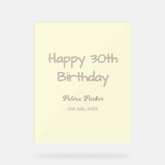 happy 30th birthday pink yellow grey pastel name d acrylic sign