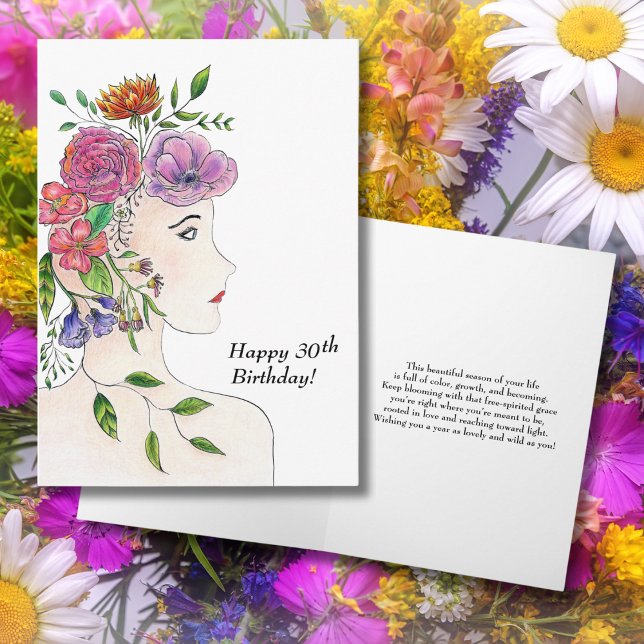 Happy 30th Birthday Woman  Flowers Illustration Card (Creator Uploaded)