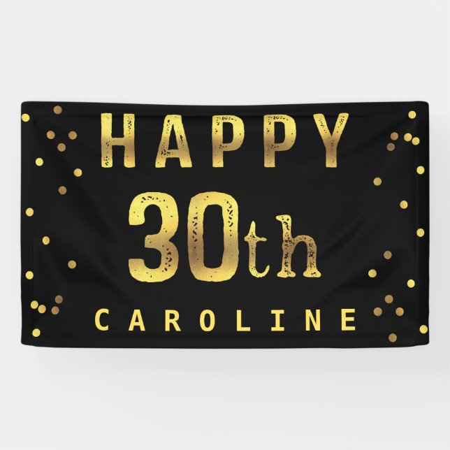 Happy 30th Faux Gold Foil Confetti Black Banner (Horizontal)