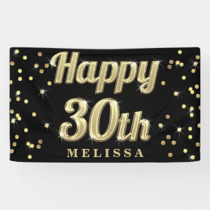 Happy 30th Gold Bling Typography Confetti Black Banner