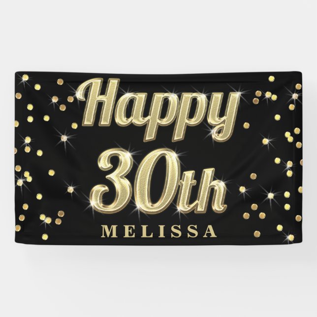 Happy 30th Gold Bling Typography Confetti Black Banner (Horizontal)
