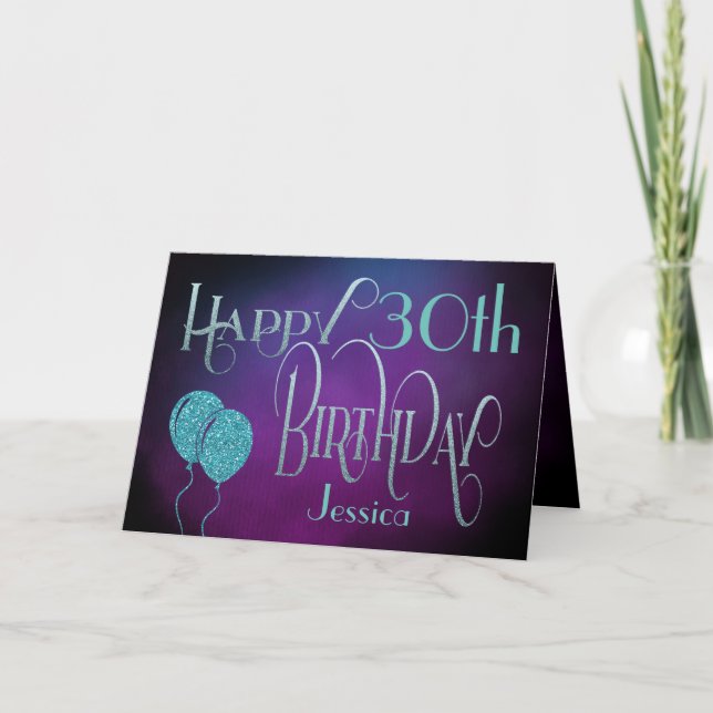 Happy 30th Name Purple Teal Birthday Card (Front)