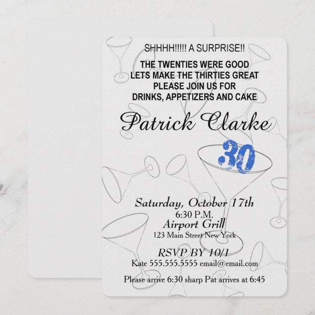 Happy 30th Surprise Birthday Martini Theme Party Invitation (Front/Back)