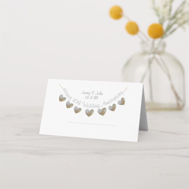 Happy 30th Wedding Anniversary pearl heart bunting Place Card (Front)