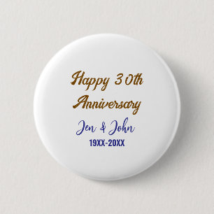 Happy 30th wedding anniversary royal blue golden s 6 cm round badge