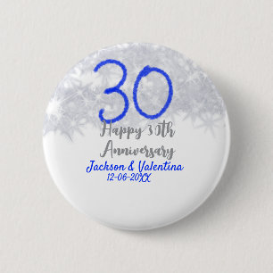 Happy 30th wedding anniversary silver blue glitter 6 cm round badge