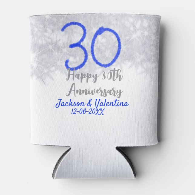Happy 30th wedding anniversary silver blue glitter can cooler (Front)