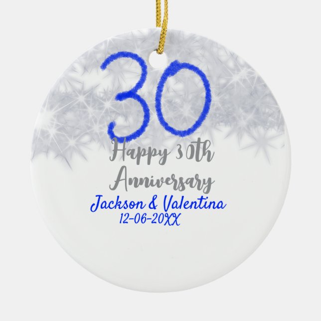 Happy 30th wedding anniversary silver blue glitter ceramic tree decoration (Front)