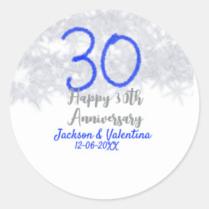 Happy 30th wedding anniversary silver blue glitter classic round sticker