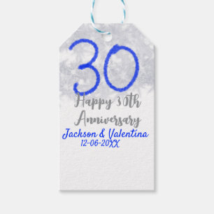 Happy 30th wedding anniversary silver blue glitter gift tags