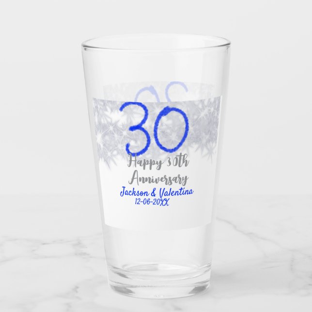 Happy 30th wedding anniversary silver blue glitter glass (Front)