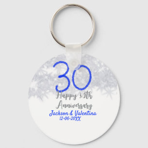 Happy 30th wedding anniversary silver blue glitter key ring