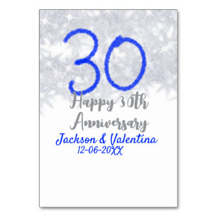 Happy 30th wedding anniversary silver blue glitter table number