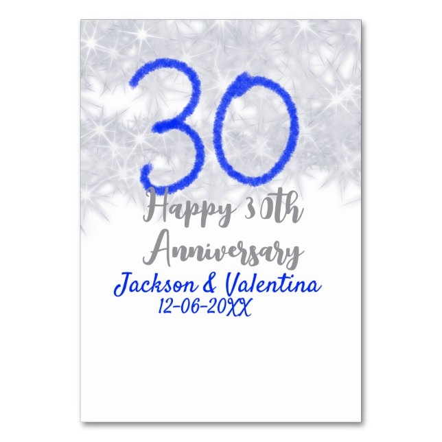 Happy 30th wedding anniversary silver blue glitter table number (Front)