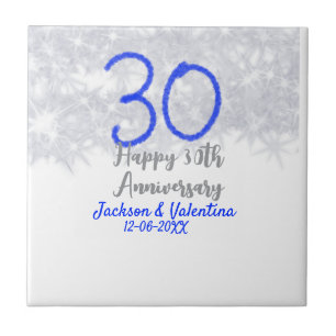 Happy 30th wedding anniversary silver blue glitter tile