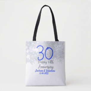 Happy 30th wedding anniversary silver blue glitter tote bag