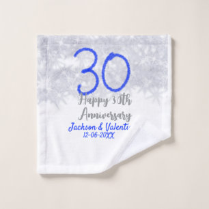 Happy 30th wedding anniversary silver blue glitter wash cloth