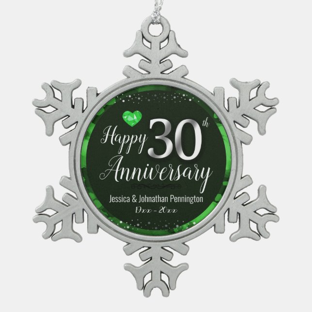 Happy 30th Wedding Anniversary Snowflake Pewter Christmas Ornament (Front)