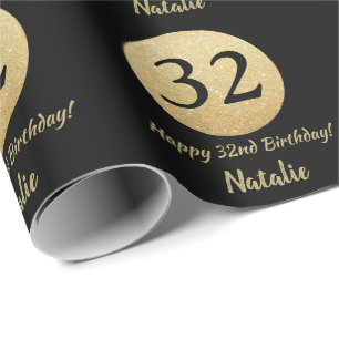 Happy 32nd Birthday Black and Gold Glitter Wrapping Paper