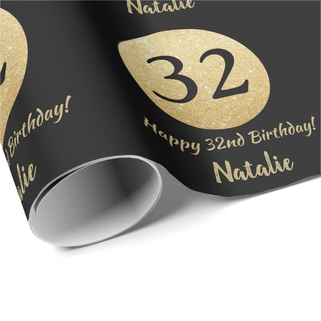 Happy 32nd Birthday Black and Gold Glitter Wrapping Paper (Roll Corner)