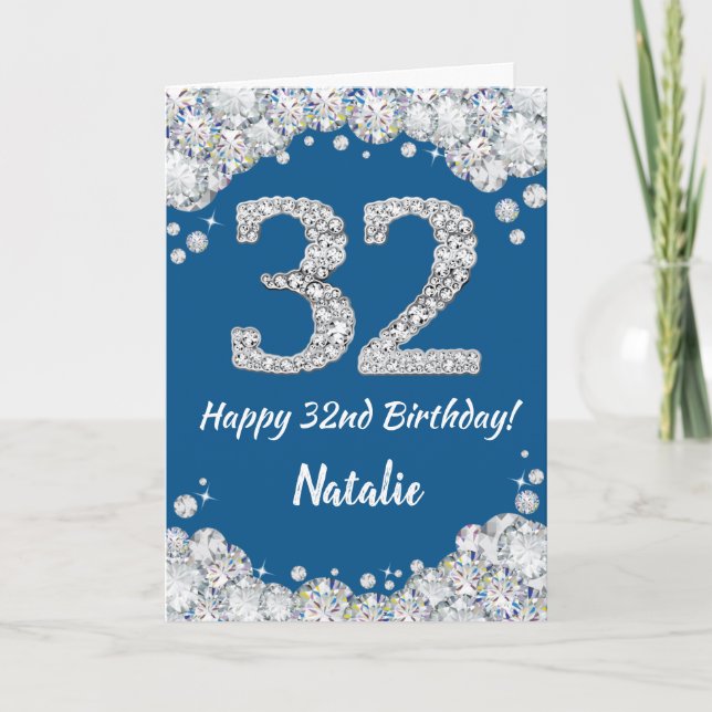Happy 32nd Birthday Blue and Silver Glitter Card (Front)