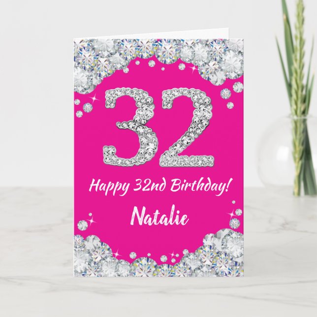 Happy 32nd Birthday Hot Pink Silver Glitter Card (Front)