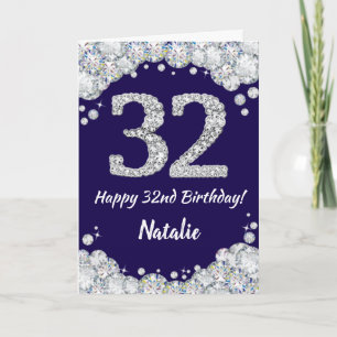 Happy 32nd Birthday Navy Blue and Silver Glitter Card