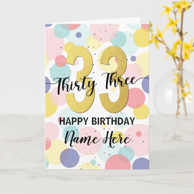 Happy 33rd Birthday Pastel Rainbow and Gold Girl Card (Yellow Flower)