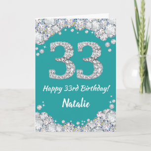 Happy 33rd Birthday Teal and Silver Glitter Card