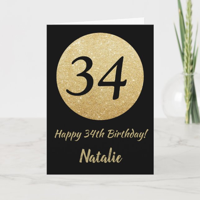 Happy 34th Birthday Black and Gold Glitter Card (Front)