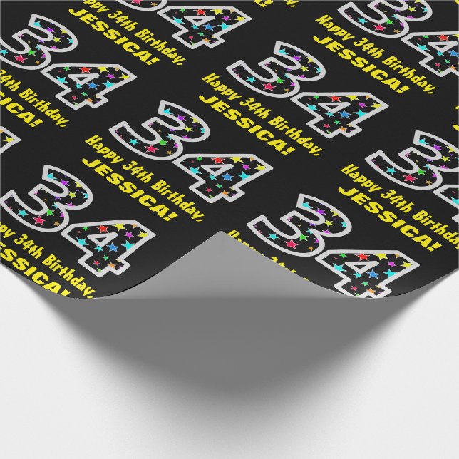 Happy 34th Birthday, Fun Colourful Stars Pattern 3 Wrapping Paper (Corner)