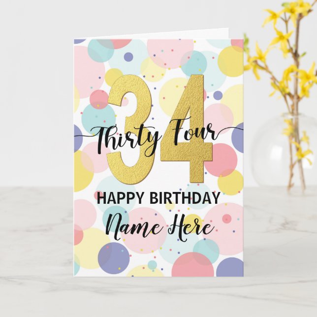 Happy 34th Birthday Pastel Rainbow and Gold Girl Card (Yellow Flower)