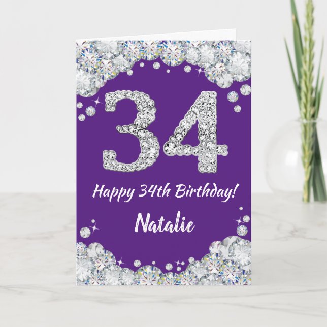Happy 34th Birthday Purple and Silver Glitter Card (Front)