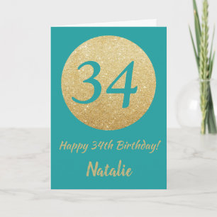 Happy 34th Birthday Teal and Gold Glitter Card