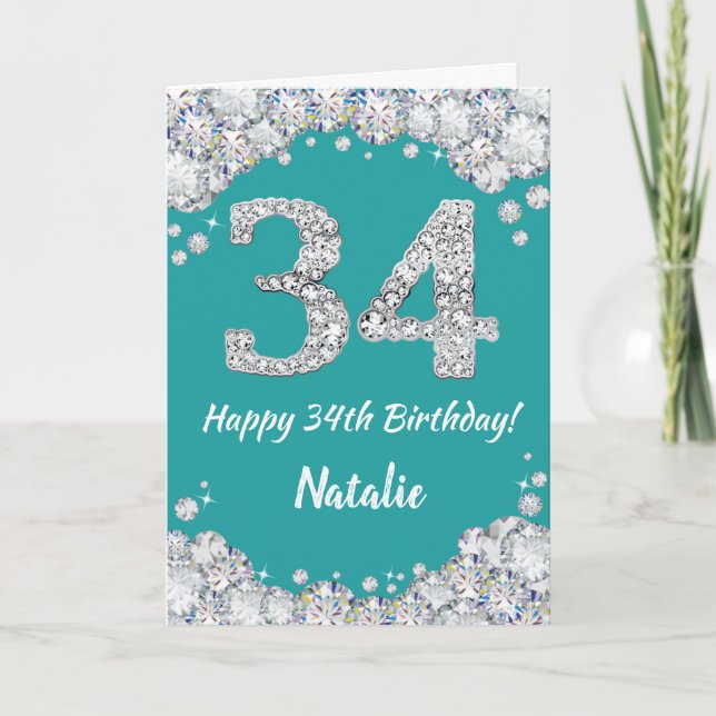 Happy 34th Birthday Teal and Silver Glitter Card (Front)