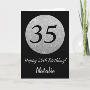 Happy 35th Birthday Black and Silver Glitter Card