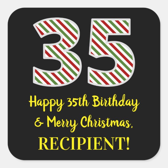 Happy 35th Birthday & Merry Christmas, Custom Name Square Sticker (Front)