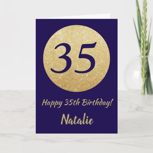 Happy 35th Birthday Navy Blue and Gold Glitter Card (Front)
