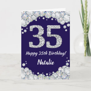 Happy 35th Birthday Navy Blue and Silver Glitter Card