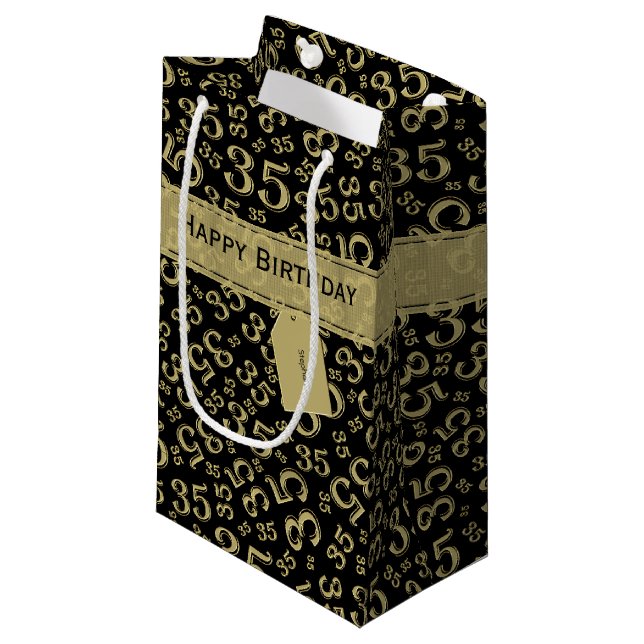Happy 35th Birthday Number Pattern Black/Gold Small Gift Bag (Front Angled)