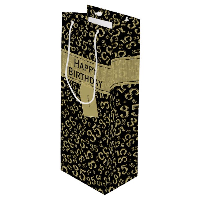 Happy 35th Birthday Number Pattern Black/Gold Wine Gift Bag (Front Angled)