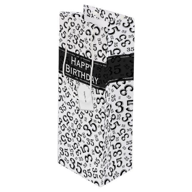 Happy 35th Birthday Number Pattern Black/White Wine Gift Bag (Front Angled)
