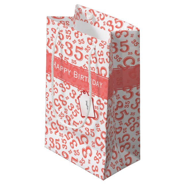 Happy 35th Birthday Number Pattern Coral/White Small Gift Bag (Front Angled)