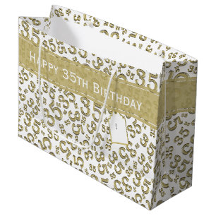 Happy 35th Birthday Number Pattern Gold/White Large Gift Bag
